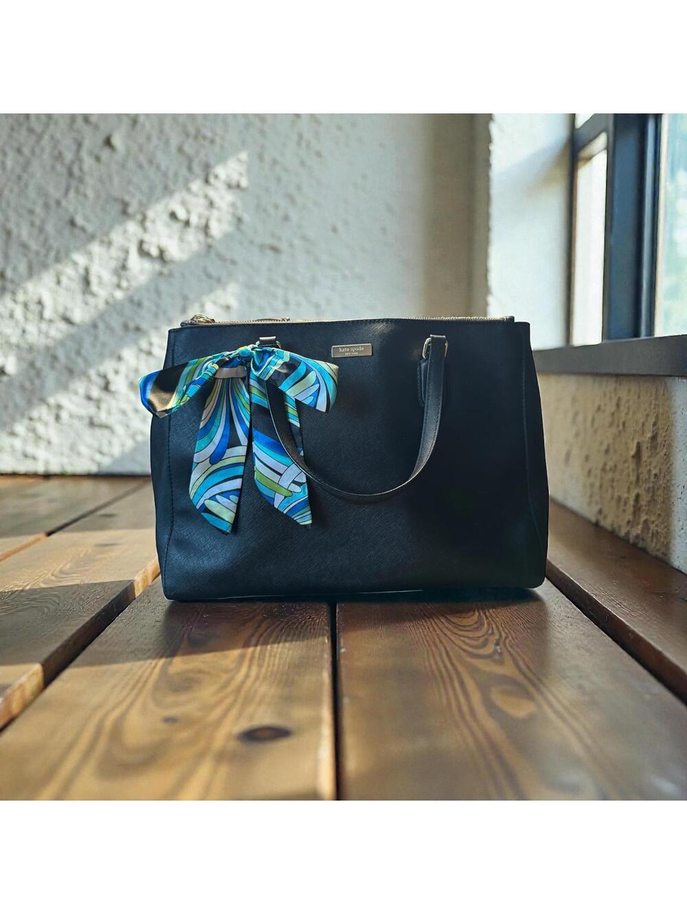 Kate Spade Black Leather Tote Bag with Blue Accent Scarf